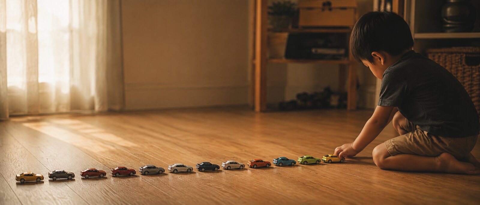 A child sitting on a wooden floor lining up toy cars.