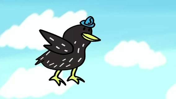 A hand-drawn black bird wearing a blue hat against a bright sky.