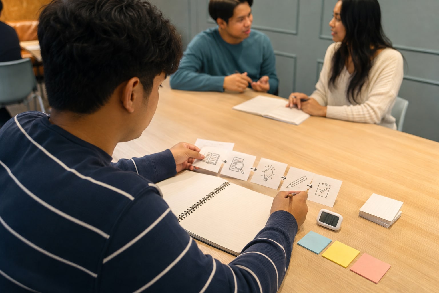 A learner arranging illustrated cards that break a task into visible steps at a table.