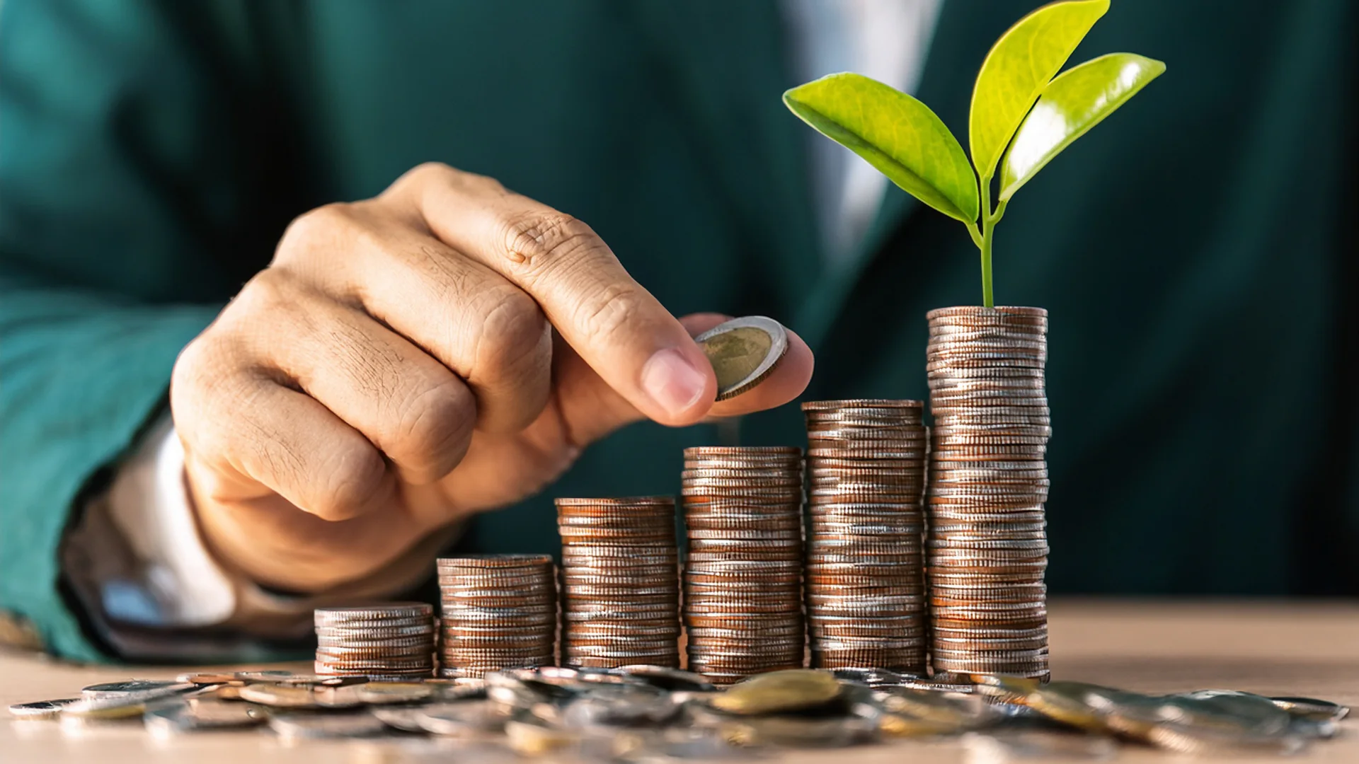 Coins arranged in rising stacks beside a small green plant.