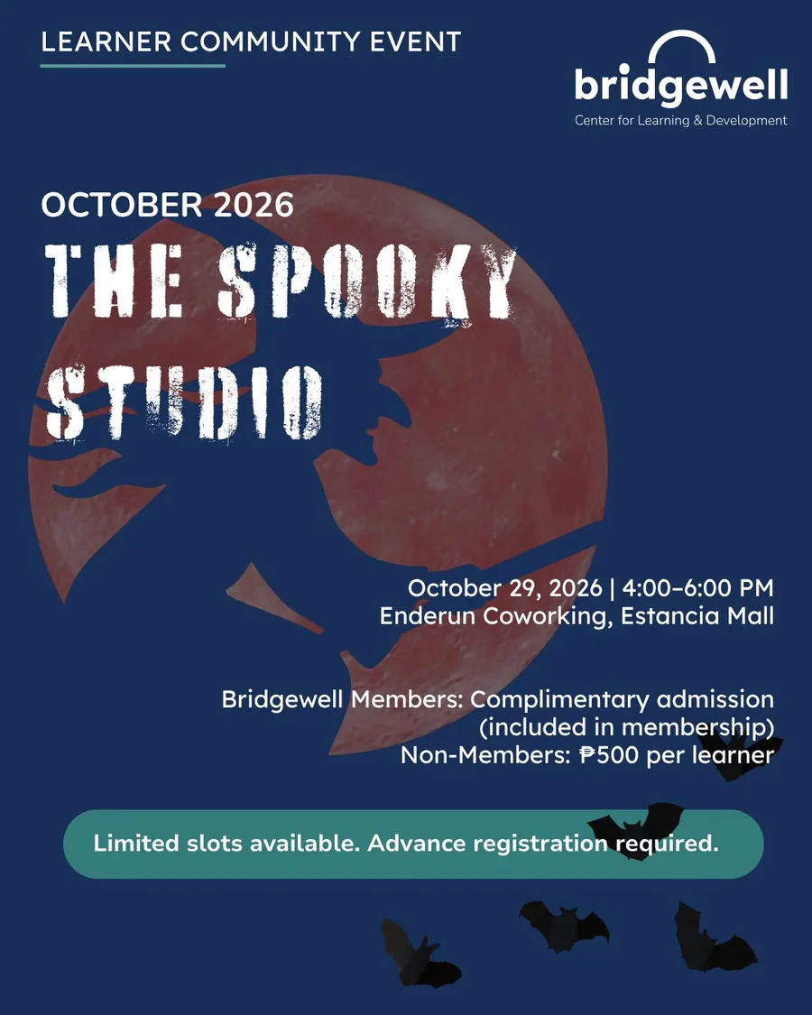 Spooky Studio Learner Community Event flyer: October 29, 2026, 4:00–6:00 PM at Enderun Coworking, with complimentary member admission and ₱500 admission per non-member learner.